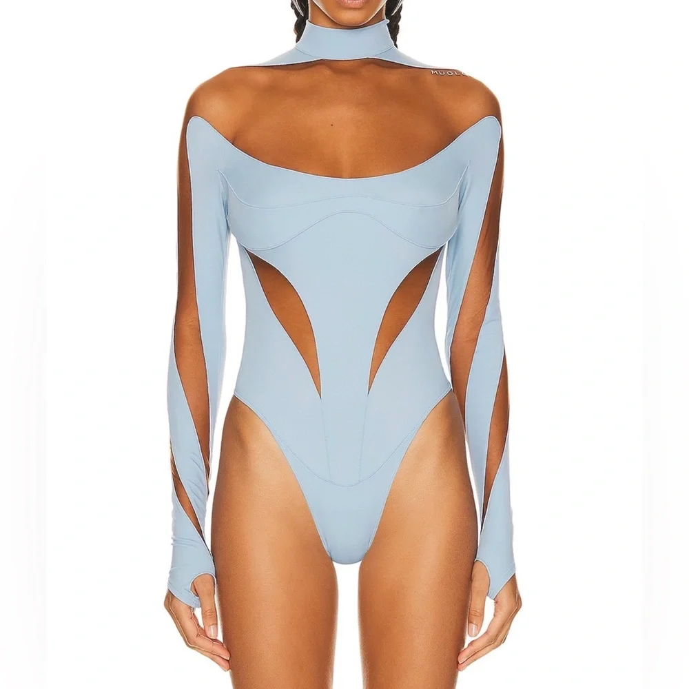 NWT Mugler Illusion Cut Bodysuit in Light Blue EU38 - Picture 2 of 9